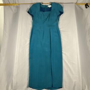 Papell Too Dress Womens 4 Teal 100% Silk Square Neck Short Sleeve Midi Lined